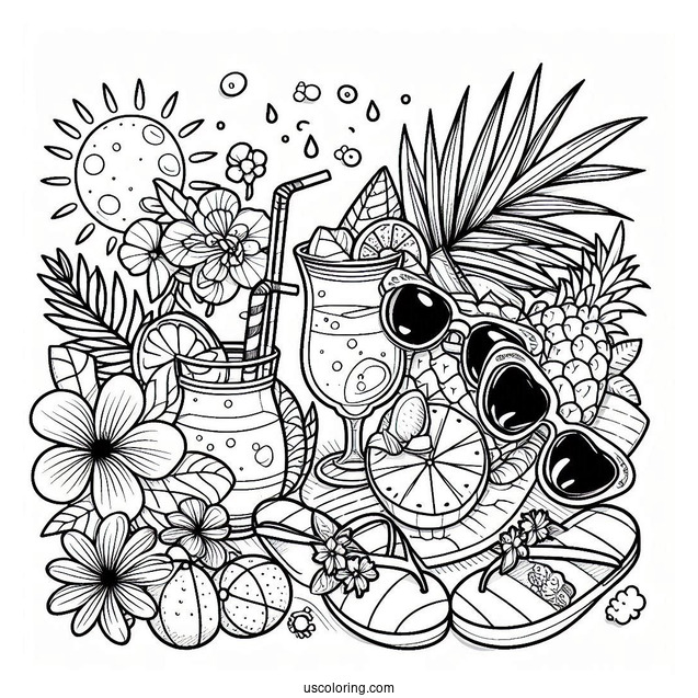 Summer Coloring Page Of Drink, Flowers, Sunglasses, And Flip Flops