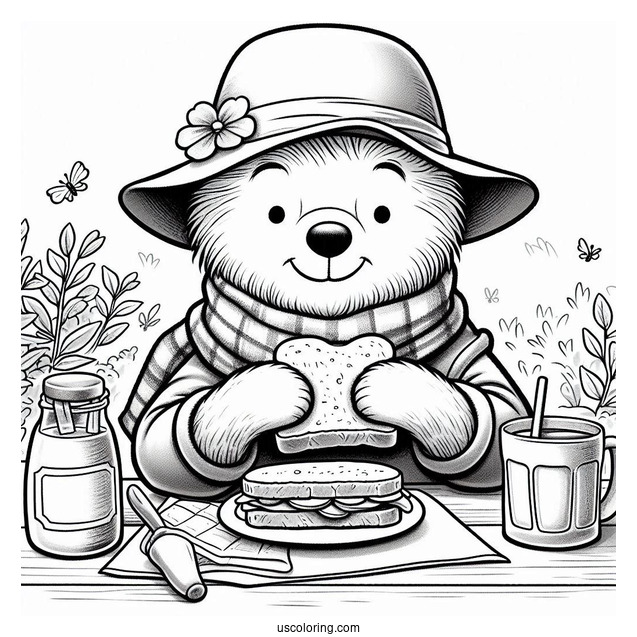Paddington Coloring Page Eating A Sandwich With Winnie The Pooh