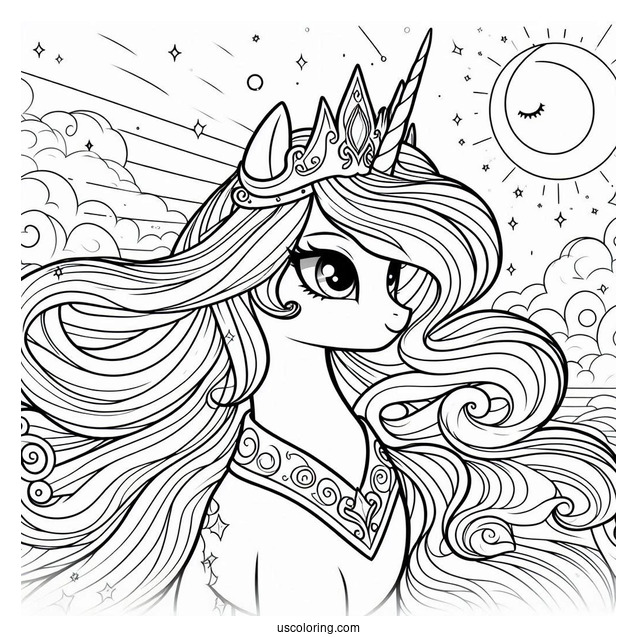 Princess Celestia Coloring Page With Flowing Mane In The Sky
