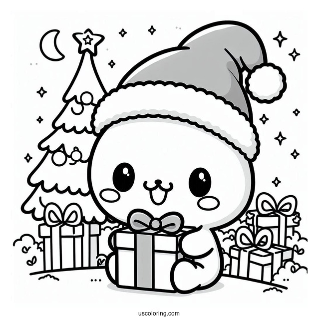 Easy Pochacco Coloring Page In Santa Hat Holding Christmas Present