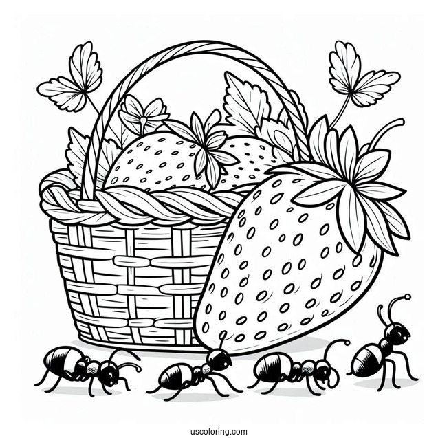 Giant Strawberry Coloring Page Beside A Basket With Ants
