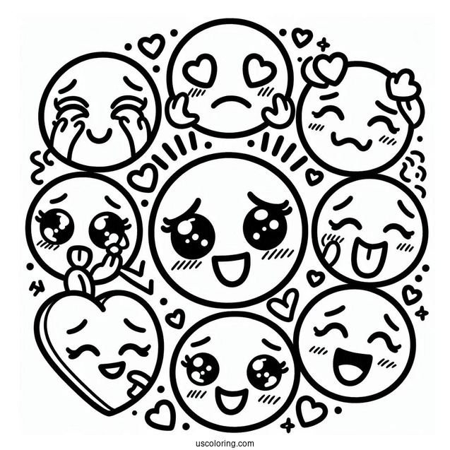 Emoji Coloring Page Of Kawaii Full Page Emoji Montage Of Feelings And Hearts