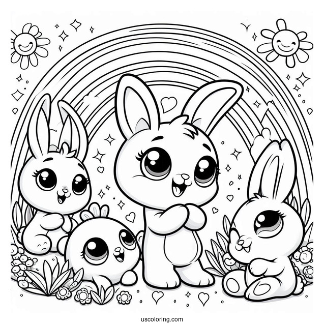Sunny Bunnies Coloring Page Of Big Boo, Iris, Turbo, Shiny, And Hopper On A Rainbow