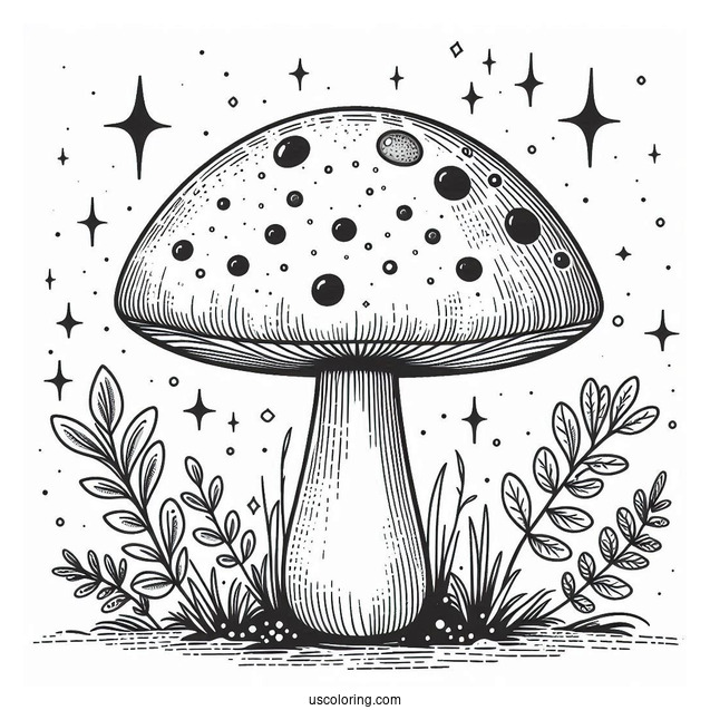 Mushroom Coloring Page With Spotted Cap And Sparkly Background