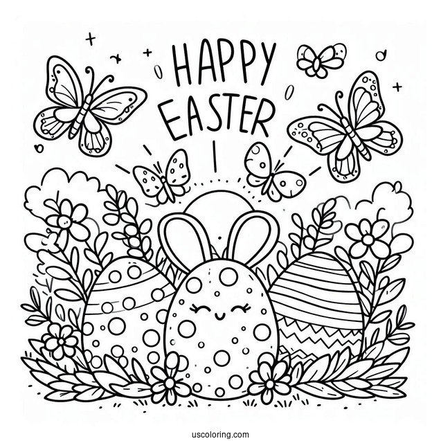 Happy Easter Coloring Page In Garden With Butterflies For Kids