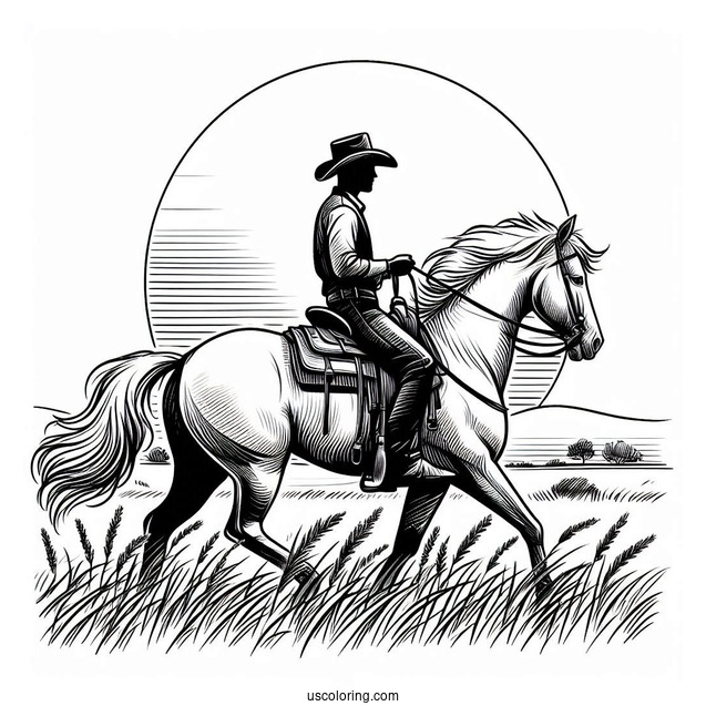 Realistic Cowboy Coloring Page Riding A Horse With The Sun Behind Them