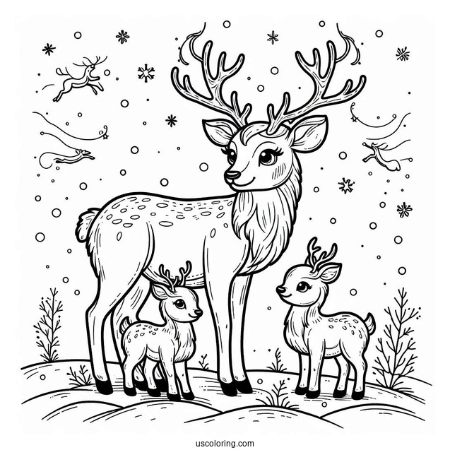 Mom Reindeer With Two Babies To Color