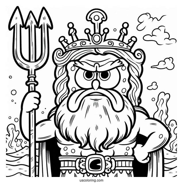 SpongeBob Coloring Page Of Angry King Neptune Holding Trident