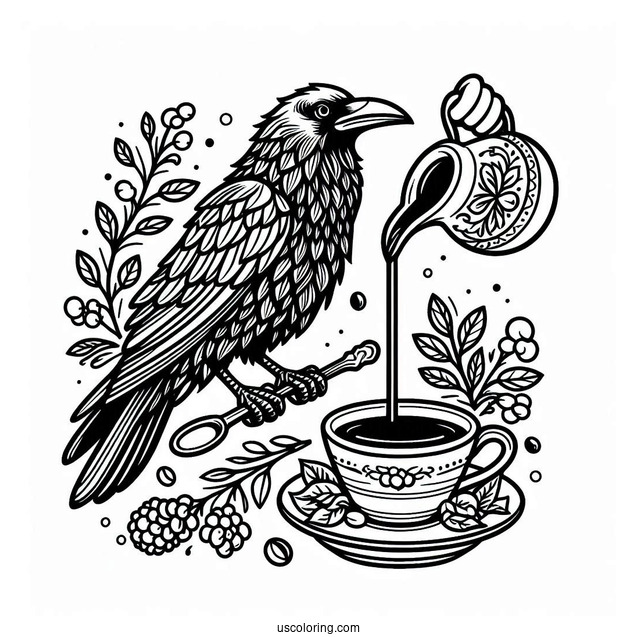 Raven Coloring Page Adding Syrup To Coffee