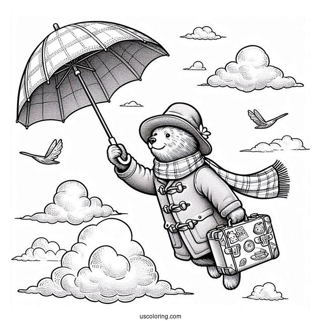 Paddington Coloring Page Flying In The Sky With His Umbrella And Suitcase