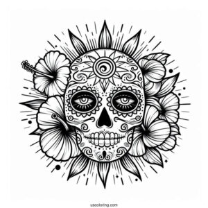 Sun And Hibiscus Patterns On Sugar Skull Eyes Coloring Page