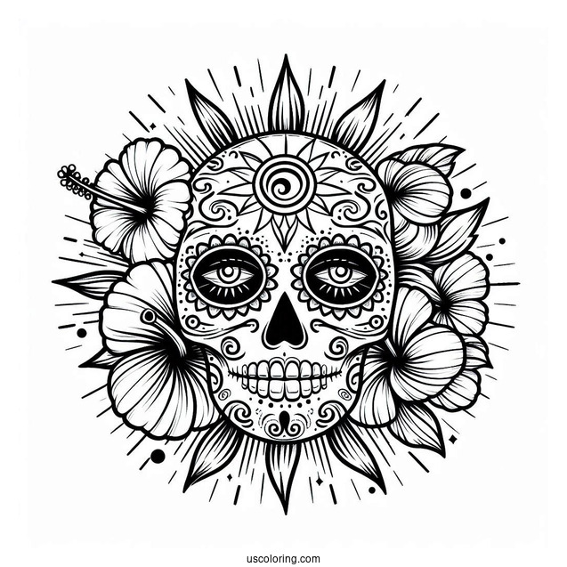 Sun And Hibiscus Patterns On Sugar Skull Eyes Coloring Page