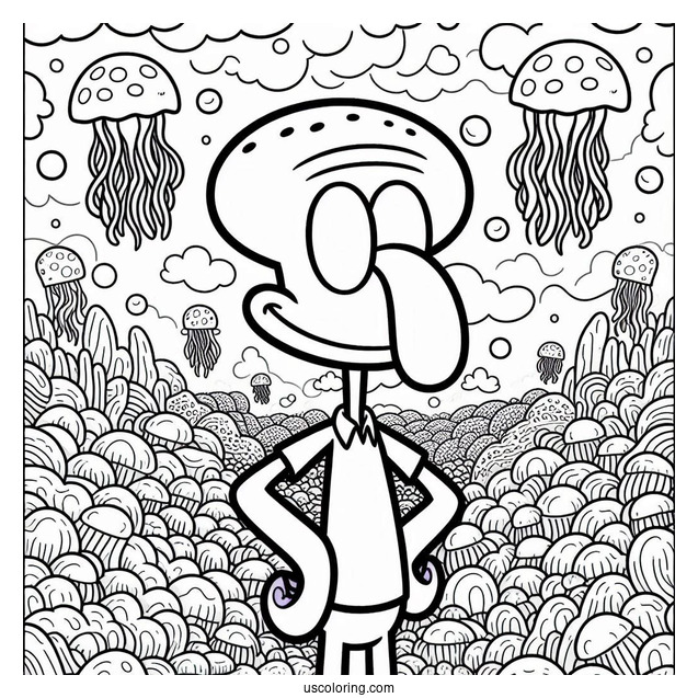 Squidward Coloring Page With Arms On Waist In Front Of Jelly Fields