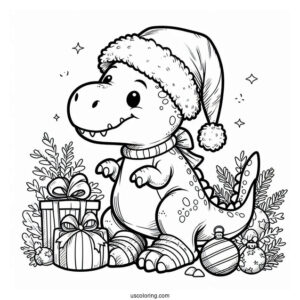 Christmas Themed T-Rex With Santa Hat To Color