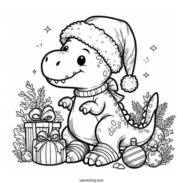 Christmas Themed T-Rex With Santa Hat To Color