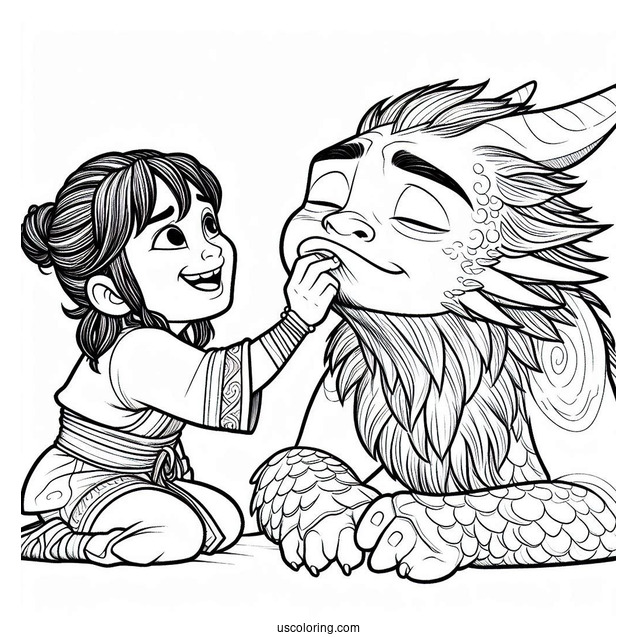 Raya And The Last Dragon Coloring Page Of Raya Tickling Sisu s Chin For Kids