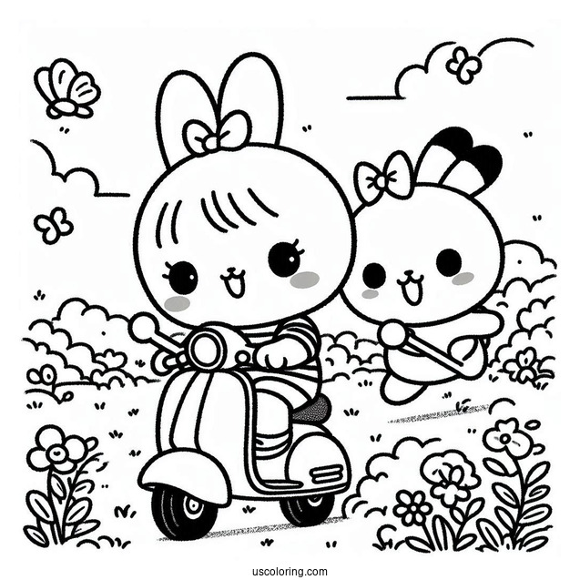 Pochacco Coloring Page And Friend Riding a Scooter On The Grass