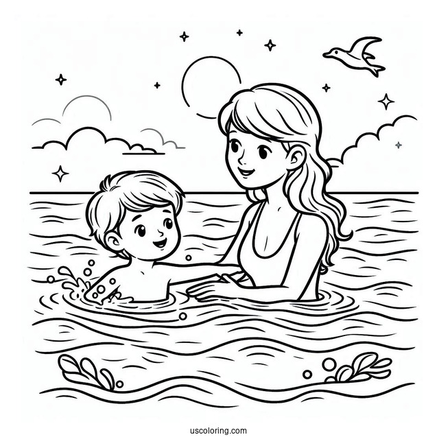Swimming Coloring Page Of Mother Teaching Son To Swim