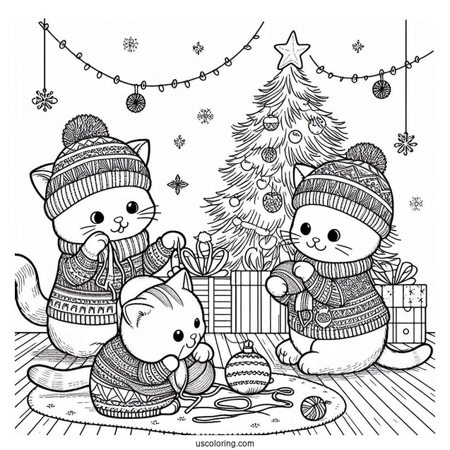 Christmas Coloring Pages For Adults Of Three Cats Playing In Living Room With Christmas Tree