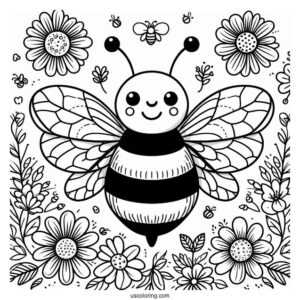 Bee Coloring Page Of Surrounded By Flowers And Leaves