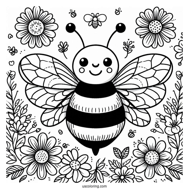 Bee Coloring Page Of Surrounded By Flowers And Leaves