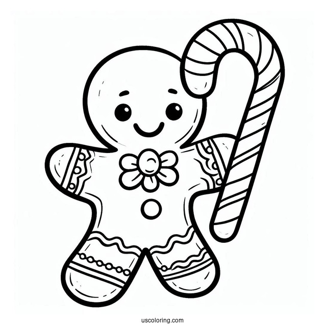 Gingerbread Man Holding Candy Cane Coloring Page