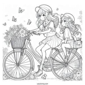 Anime Girl Riding Bicycle Coloring Page