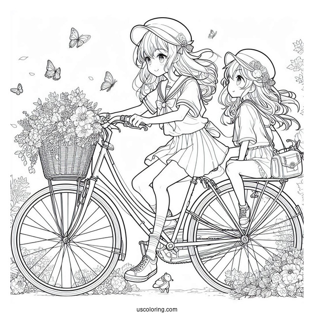 Anime Girl Riding Bicycle Coloring Page