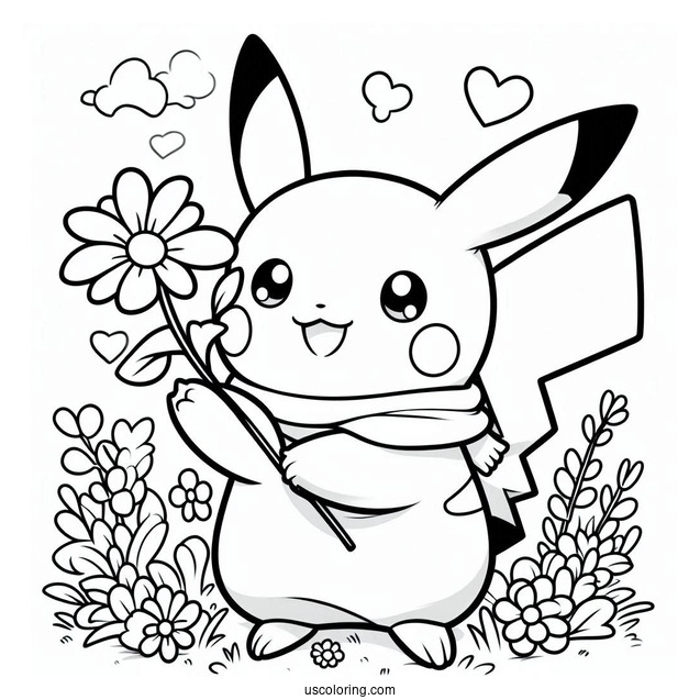 Easy PIkachu Holding A Flower In Spring Coloring Sheet For Kids