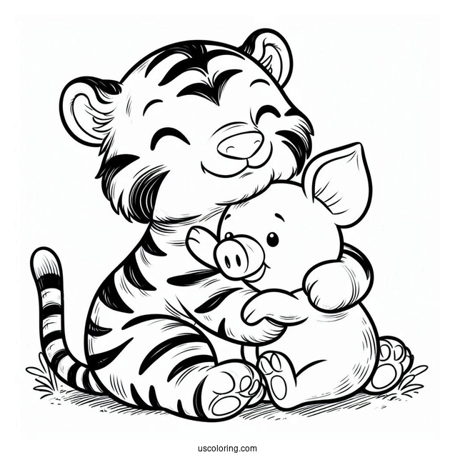 Tiger Hugging Piglet Coloring Page