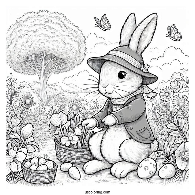 Detailed Peter Rabbit Coloring Page In The Garden For Kids