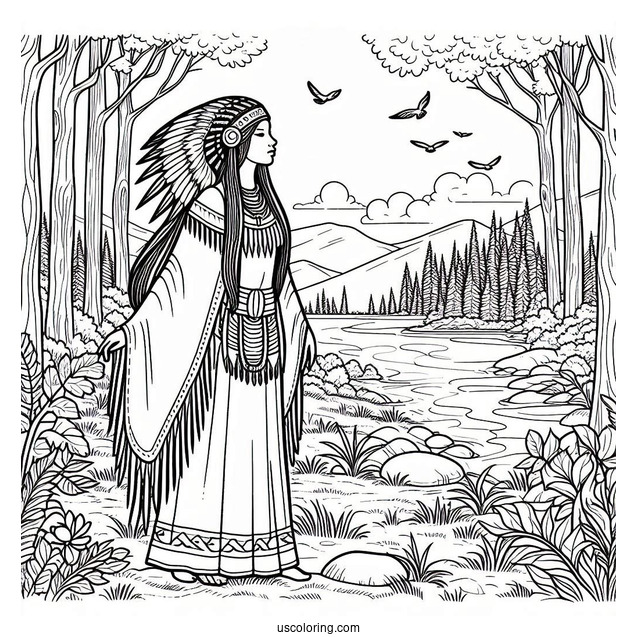 Native American Coloring Page Woman Standing In The Forest
