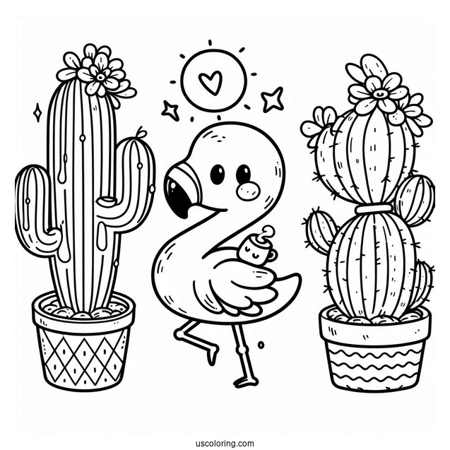 Kawaii Cactus And Flamingo To Color