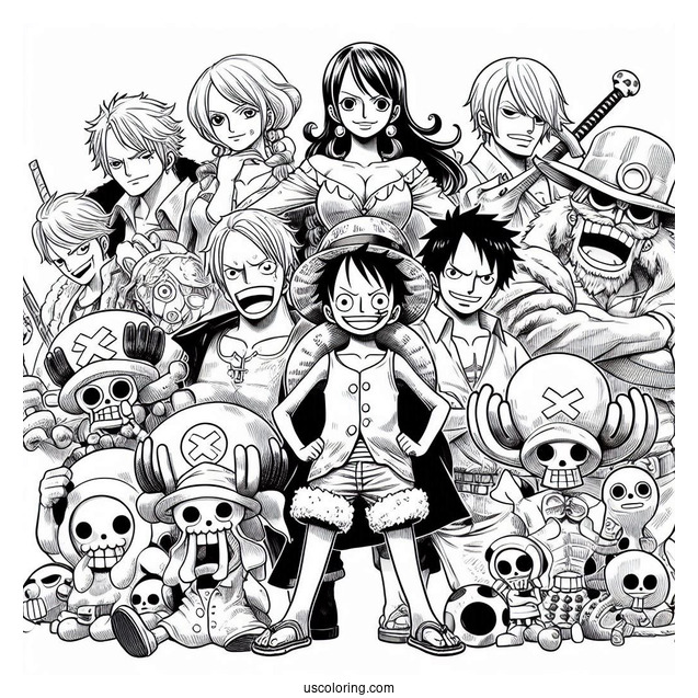 One Piece Coloring Page Of Luffy, Nami, Robin, Sanji, Zoro, Franky, Chopper, Brook, And Usopp