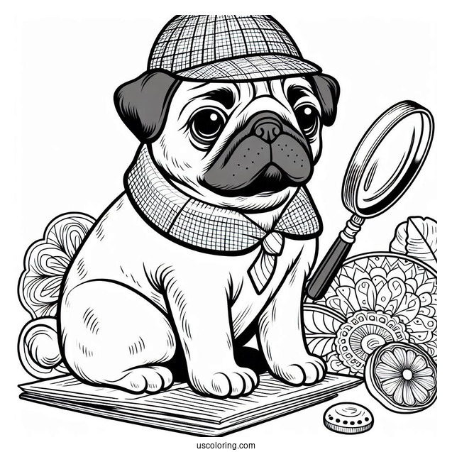 Detective Pug Coloring Page with Magnifying Glass