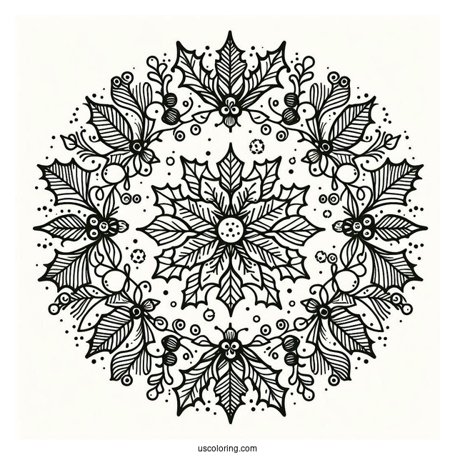 Hollies And Mistletoes Christmas Mandala Coloring Page