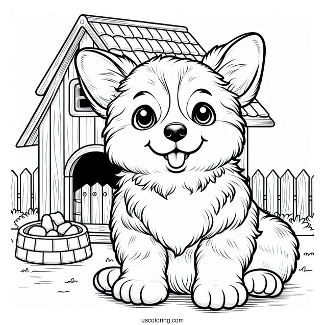 Corgi Puppy In Front Of Dog House