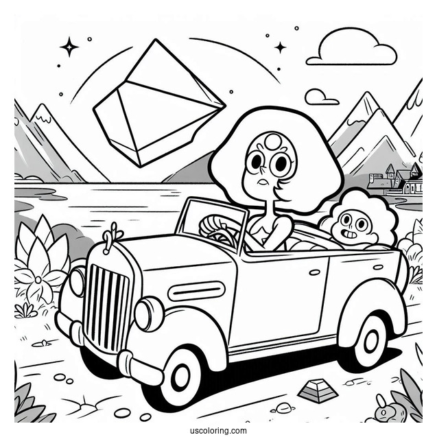 Steven Universe Coloring Page Of Driving Car With Pearl, Amethyst, Bismuth, And Garnet