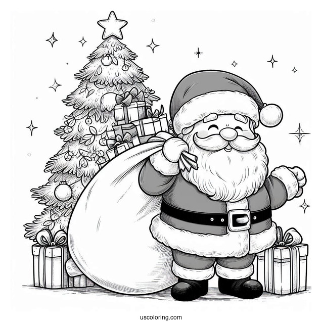 Santa Holding Sack Of Presents Next To Christmas Tree
