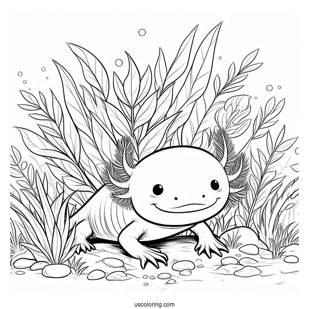 Axolotl Coloring Page Hiding Behind Vegetation