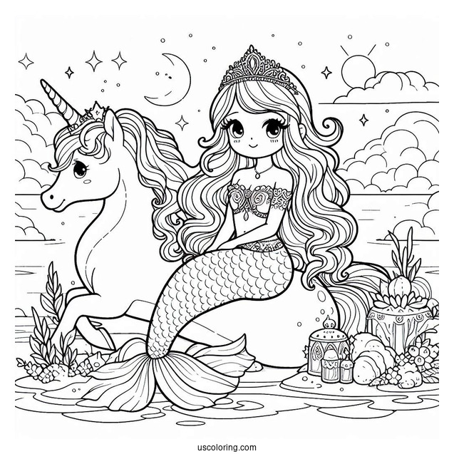Mermaid Princess Coloring Page Sitting On Unicorn