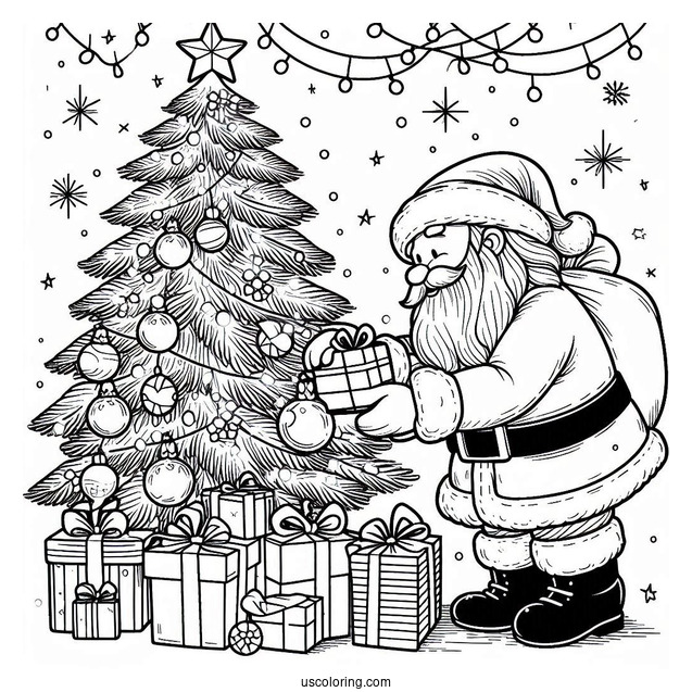 Father Christmas Putting Presents Under a Tree