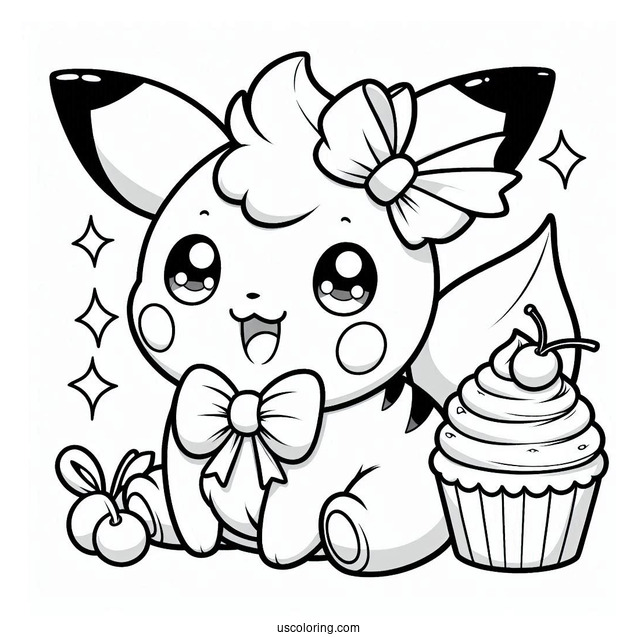 Raichu Coloring Page With Bow And Cupcake For Preschoolers
