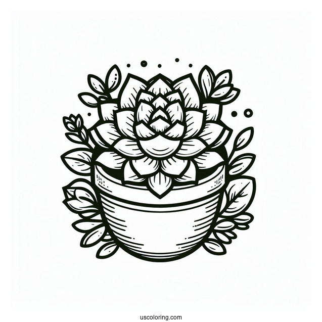 Simple Succulent Coloring Page In A Round Flower Pot For Kids