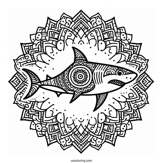 Mandala With Shark Coloring Page Outline