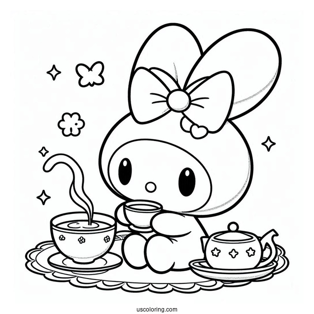 My Melody Coloring Page Having Tea With Flat And Risu
