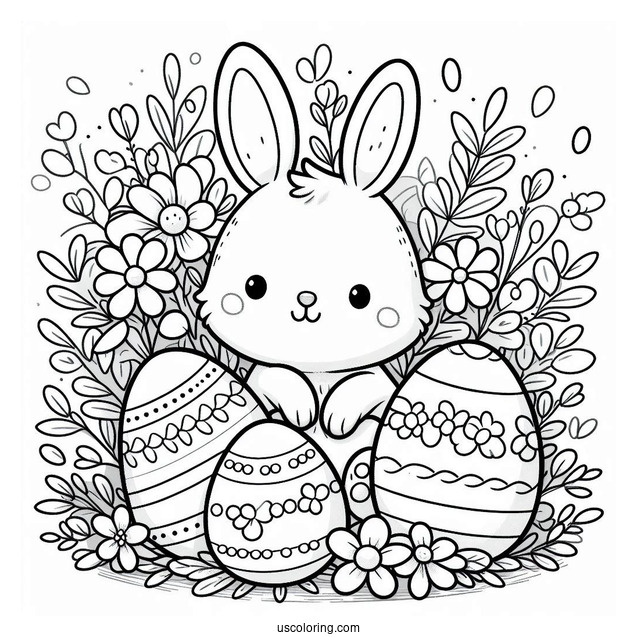 Cute Bunny And Flowers Easter Egg Coloring Page