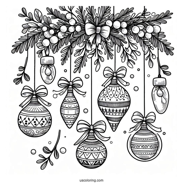 Bulbs Hanging From Mistletoes With Bows Christmas Ornaments Coloring Page
