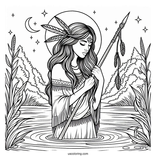 Native American Coloring Page Woman Holding Spear While Drinking From River