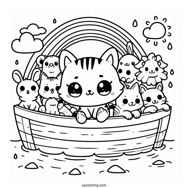 Kawaii Animals On Noah's Ark Coloring Page With Rainbow